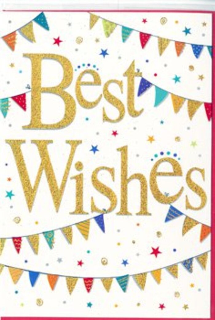 This card design captures the joy of a local celebration in Abbey Wood, distilled into a single, elegant Best Wishes greeting. In the centre, the words Best Wishes flow across the card in generous, looping gold script, the finish slightly raised so it looks richly textured and tactile. The gold is warm and luminous, glinting softly against a spotless white background, much like the glow of afternoon light over the nearby woodlands. Encircling this central phrase are garlands of bunting, sweeping in gentle arcs from side to side. Each narrow triangular flag is painted in vibrant colour-crimson, cobalt, emerald, lemon, coral, and soft fuchsia-creating a lively spectrum that feels both modern and timeless. Some bunting pieces are patterned with crisp stripes, others with tiny dots or mosaic-like designs, hinting at the care and creativity behind the artwork, reminiscent of hand-decorated stalls at a neighbourhood fair. Sprinkled throughout the remaining white space are small coloured stars and round confetti dots. Their placement is loose and playful, suggesting movement as if someone has just tossed a handful of confetti into the air to mark good news. Despite the richness of colours and patterns, the design remains uncluttered thanks to generous white space, ensuring that the eye always comes back to the gleaming golden words. The mood is joyful but not overwhelming, suitable for many life events: exam results, a new job in the city, the keys to a first flat, or a new baby welcomed into a home near Abbey Wood station. Paired with a thoughtfully arranged bouquet, this card would feel like a heartfelt, celebratory embrace in paper form.