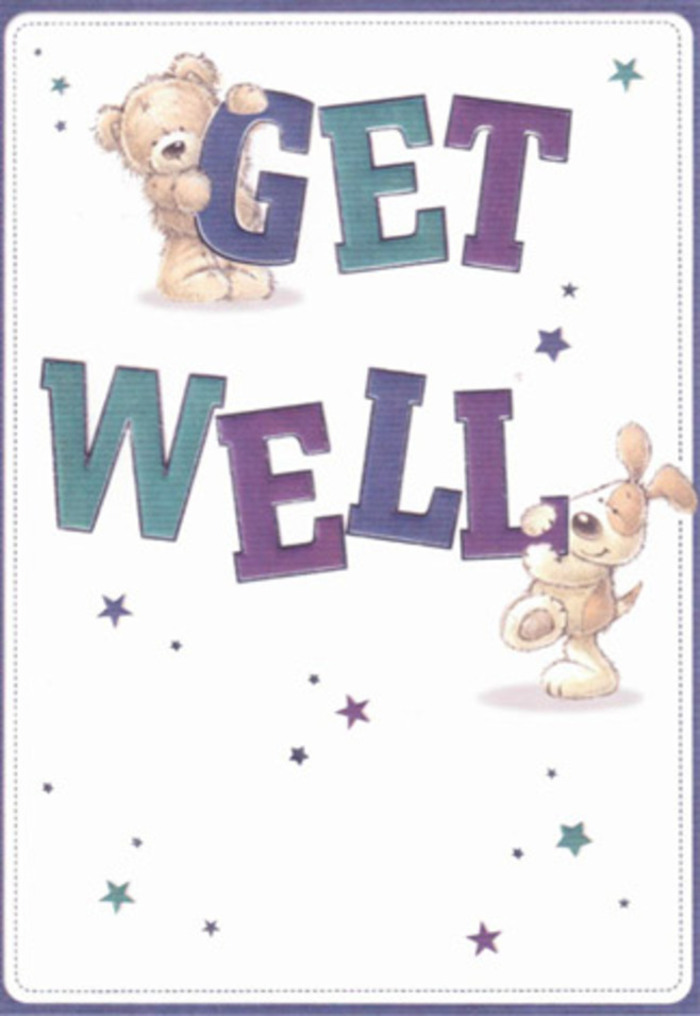 A joyful ode to healing, this get well card features a tender illustration-a cuddly bear and an affectionate puppy, both gently interacting with large, shaded letters that spell out 'GET WELL.' Punctuated by an airy pattern of starbursts in varied purples and blues, the design creates a whimsical, uplifting atmosphere reminiscent of Abbey Wood's peaceful green stretches by Lesnes Abbey. The bold type, awash in indigo and teal, rises against a clean, luminous background, instilling assurance and positivity. Subtle textures in the bear's fuzzy coat and the puppy's plush ears add an almost tangible layer, much like the delicate layering of blooms in a professionally designed floral arrangement. There's a mood of lightness and unmistakable care-qualities reflected in the thoughtful curation behind every bouquet crafted for Abbey Wood residents. This card is more than a simple message: it's a visual embrace, a symbol of heartfelt encouragement, and a small beacon of cheer for those at any stage of recovery.