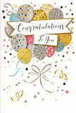 This image presents a charming congratulations card that feels like a small party captured on a single, elegant page, ideal for pairing with a fresh bouquet delivered anywhere in Abbey Wood. The design centres around a buoyant cluster of illustrated balloons, gently floating against a light, understated background. Each balloon is drawn in soft, sophisticated shades of gold, silver, champagne, sky blue, blush pink, and pale grey, their surfaces decorated with tiny metallic stars, delicate dots, or slim, glittery stripes that hint at a subtle sparkle, like the afternoon sun shining through the trees around Abbey Wood station. Fine, curling strings trail from the balloons, rendered in shimmering gold and silver lines that twist and loop together, adding rhythm and movement to the composition much as ribbon tails complete a florist's hand-tied gift. Surrounding the balloons, little stars and swirling ribbons scatter loosely across the card, reminiscent of confetti and streamers left behind after a joyful gathering at home to celebrate a promotion, exam success, or a special anniversary. At the centre of the card, a classic banner stretches gracefully across, carrying the words Congratulations To You in elegant, flowing calligraphy that conveys heartfelt admiration and pleasure. The mood is one of light, uplifting happiness-festive yet refined-making the card suitable for many kinds of milestones. You can almost feel the smoothness of the printed surface contrasted with the gentle texture of the glitter details under your fingertips, echoing the layered textures of blooms and foliage in a thoughtfully created arrangement. It is a card that turns a simple message of congratulations into something tangible and memorable for recipients across Abbey Wood.